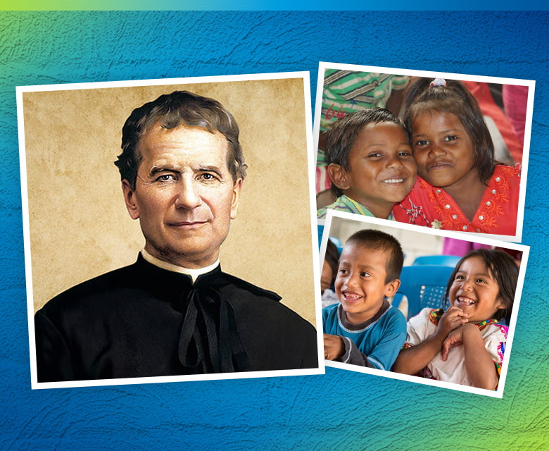 Don Bosco paint picture, alongside two smaller photos on the right showing smiling children from diverse backgrounds.
